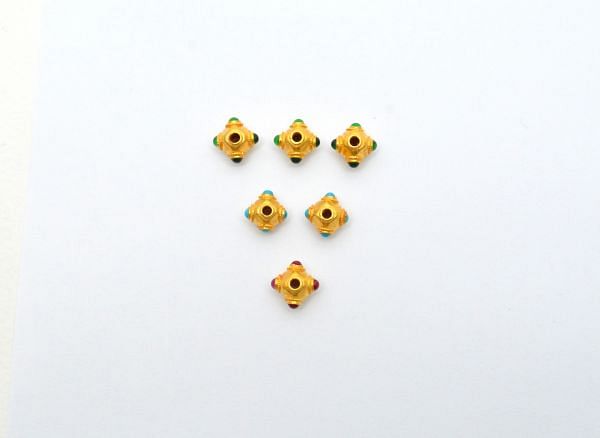 18K Solid Yellow Gold Roundel Shape 8X7 mm Bead With Stone Studded, SGTAN-0600, Sold By 1 Pcs.