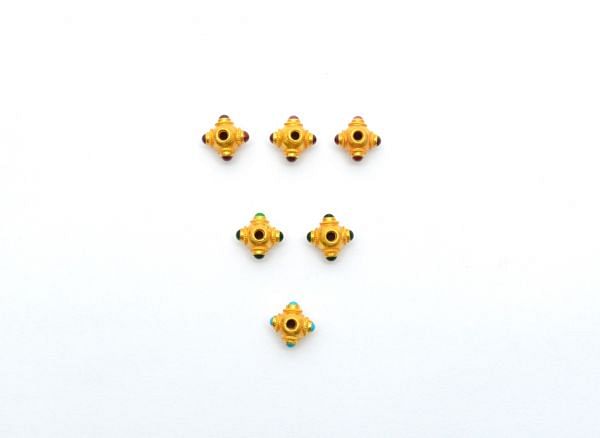 18K Solid Yellow Gold Handmade Roundel Shape 7x8x10 mm Bead With Stone Studded, SGTAN-0602, Sold By 1 Pcs.