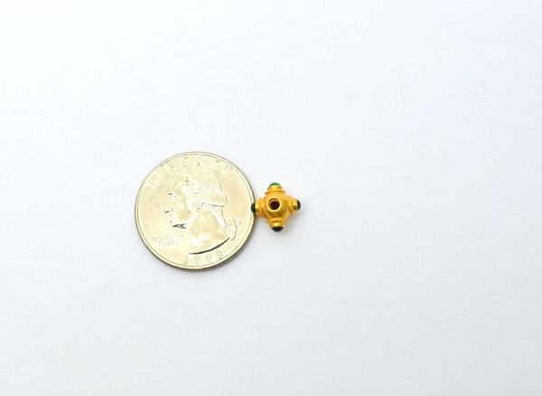 18K Solid Yellow Gold Handmade Roundel Shape 7x8x10 mm Bead With Stone Studded, SGTAN-0602, Sold By 1 Pcs.
