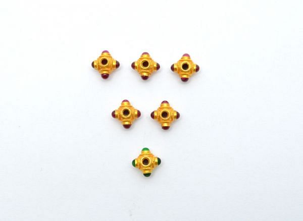 18K Solid Yellow Gold Roundel Shape 7X6X8mm Bead With Stone Studded, SGTAN-0604, Sold By 1 Pcs.