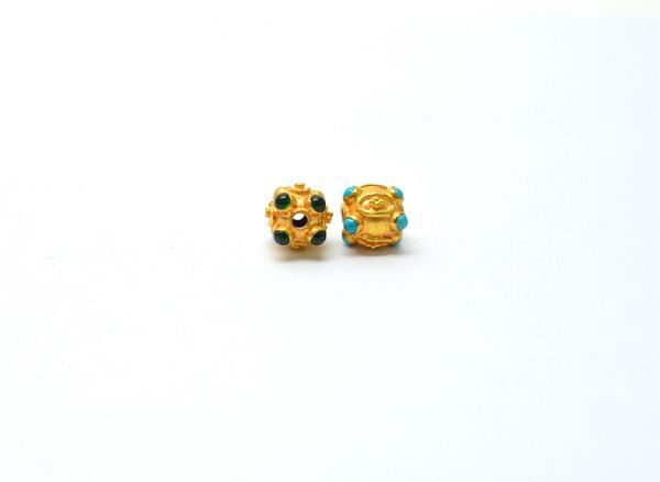 18K Solid Yellow Gold Handmade Roundel Shape 9x9mm Bead With Stone Studded, SGTAN-0607, Sold By 1 Pcs.