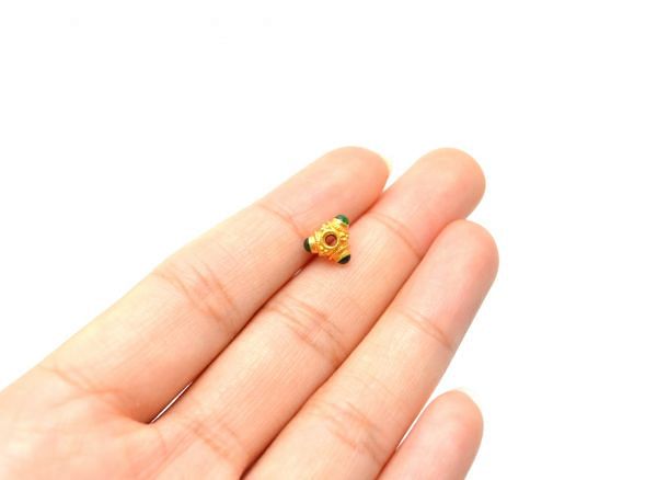 18K Solid Yellow Gold Handmade Roundel Shape 7X5 mm Bead With Stone Studded, SGTAN-0608, Sold By 1 Pcs.
