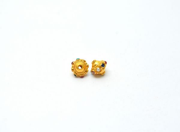 18K Solid Yellow Gold Roundel Shape 9X10 mm Bead With Stone Studded, SGTAN-0610, Sold By 1 Pcs.