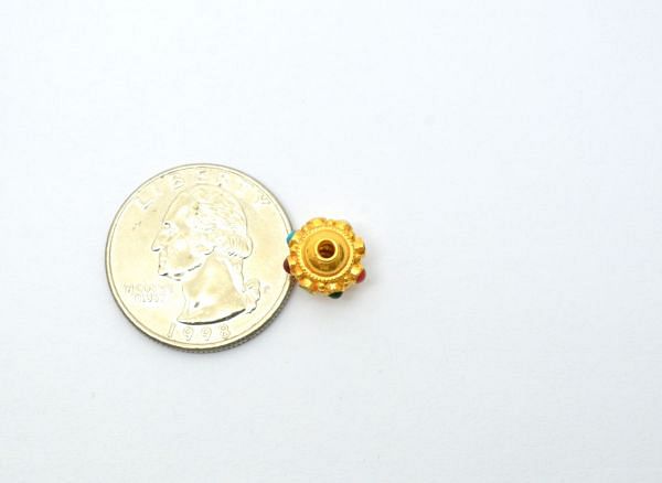 18K Solid Yellow Gold Roundel Shape 9X10 mm Bead With Stone Studded, SGTAN-0610, Sold By 1 Pcs.
