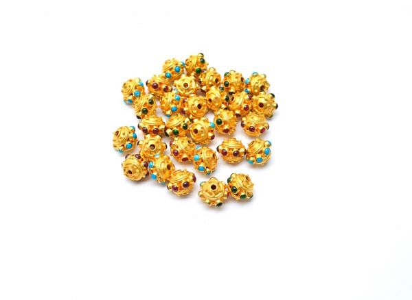 18K Solid Yellow Gold Roundel Shape10X9 mm Bead With Stone Studded, SGTAN-0611, Sold By 1 Pcs.
