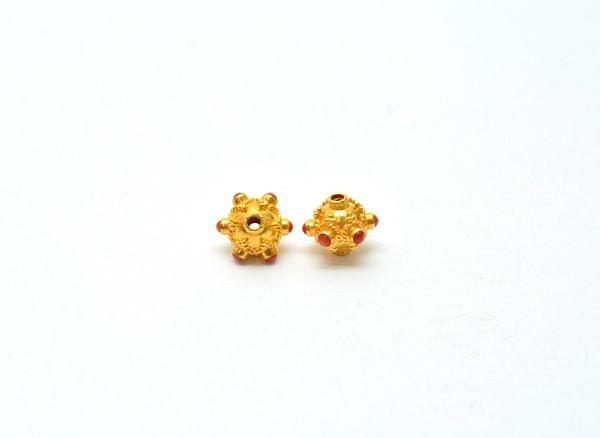 18K Solid Yellow Gold Handmade Roundel Shape 9X10 mm Bead With Stone Studded, SGTAN-0612, Sold By 1 Pcs.