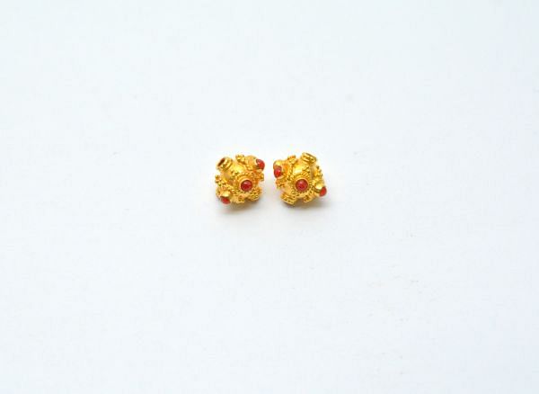 18K Solid Yellow Gold Handmade Roundel Shape 9X10 mm Bead With Stone Studded, SGTAN-0612, Sold By 1 Pcs.