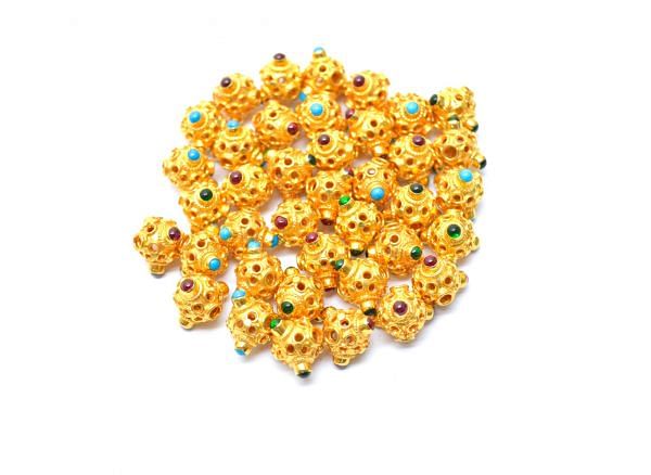 18K Solid Yellow Gold Roundel Shape 9x10 mm Handmade Bead With Stone Studded, SGTAN-0613, Sold By 1 Pcs.