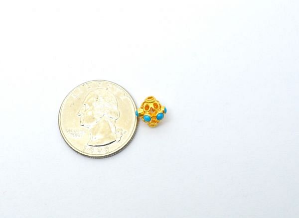 18K Solid Yellow Gold Roundel Shape 9X9mm Bead With Stone Studded, SGTAN-0614, Sold By 1 Pcs.