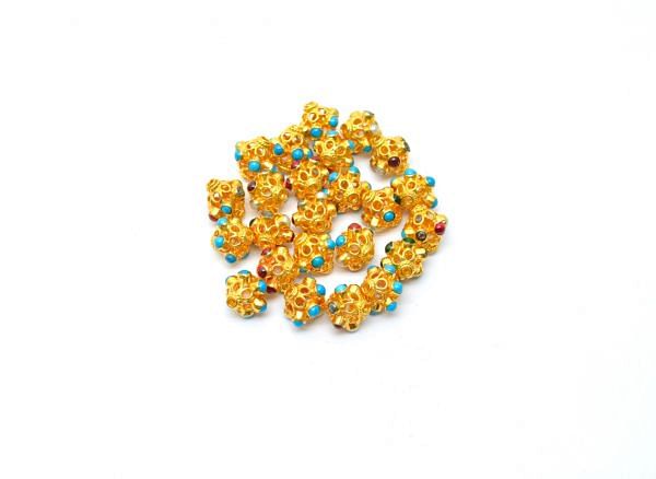 18K Solid Yellow Gold Roundel Shape 9X9mm Bead With Stone Studded, SGTAN-0614, Sold By 1 Pcs.