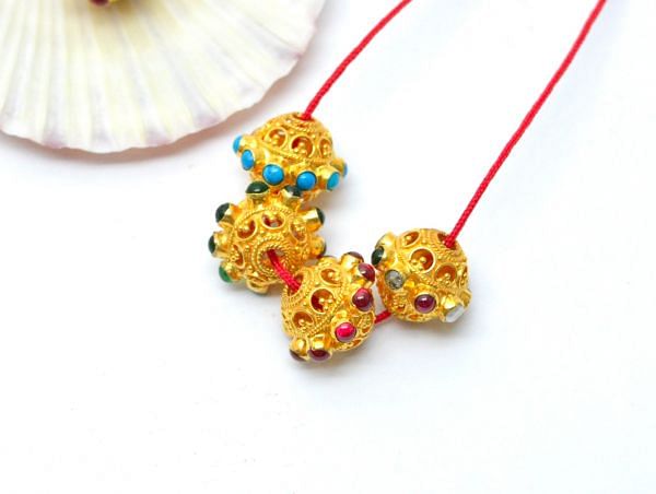 18K Solid Yellow Gold Roundel Shape 10X12,5 mm Bead With Stone Studded, SGTAN-0615, Sold By 1 Pcs.