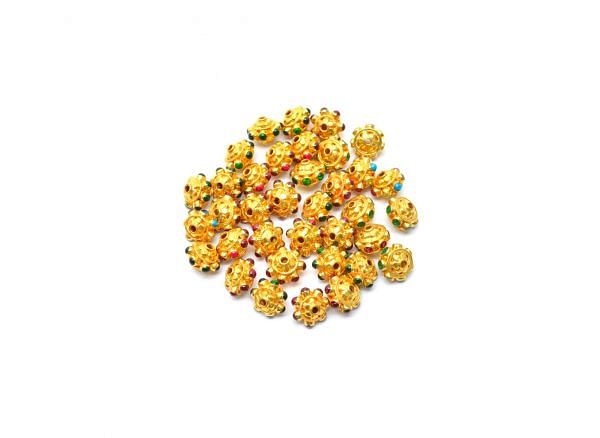 18K Solid Yellow Gold Round Shape 10X8mm Bead With Stone Studded, SGTAN-0616, Sold By 1 Pcs.