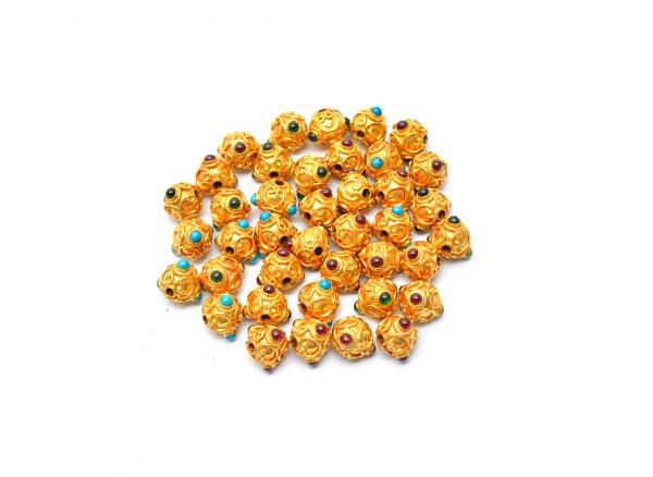 18K Solid Yellow Gold Roundel Shape 7X9mm Bead With Stone Studded, SGTAN-0617, Sold By 1 Pcs.