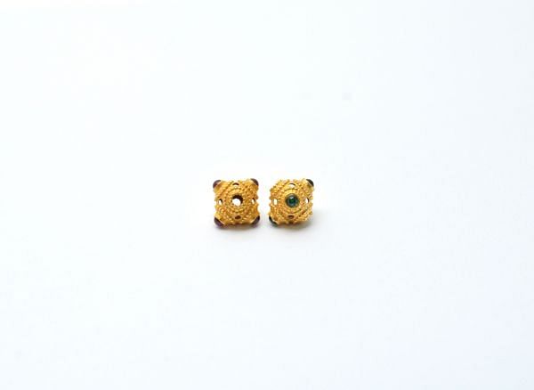 18K Solid Yellow Gold Roundel Shape 8X8 mm Handmade Bead With Stone Studded, SGTAN-0619, Sold By 1 Pcs.