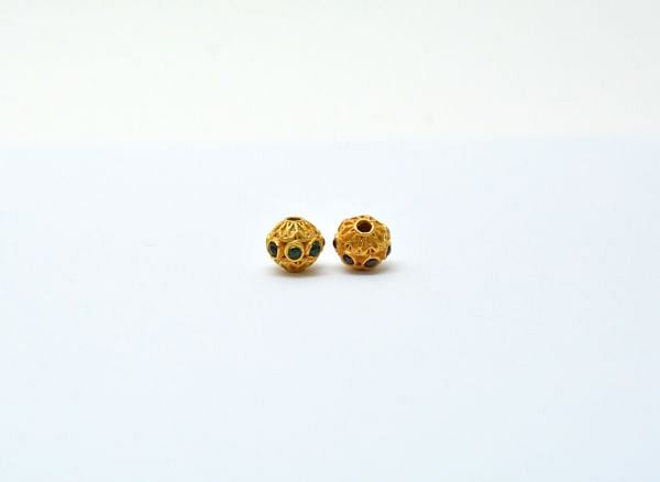18K Solid Yellow Gold Roundel Shape 8X8 mm Bead With Stone Studded, SGTAN-0620, Sold By 1 Pcs.