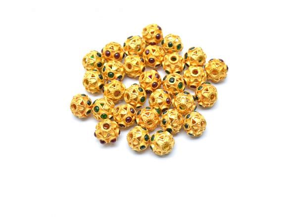 18K Solid Yellow Gold Roundel Shape 8X8mm Bead With Stone Studded, SGTAN-0621, Sold By 1 Pcs.