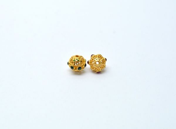 18K Solid Yellow Gold Handmade Roundel Shape 9X10 mm Bead With Stone Studded, SGTAN-0622, Sold By 1 Pcs.