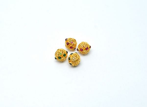18K Solid Yellow Gold Handmade Roundel Shape 9X10 mm Bead With Stone Studded, SGTAN-0622, Sold By 1 Pcs.