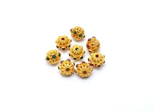 18K Solid Yellow Gold Roundel Shape 8X10 mm Bead With Stone Studded, SGTAN-0623, Sold By 1 Pcs.