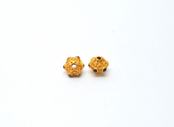 18K Solid Yellow Gold Roundel Shape 8,5X9 mm Bead With Stone Studded, SGTAN-0624, Sold By 1 Pcs.
