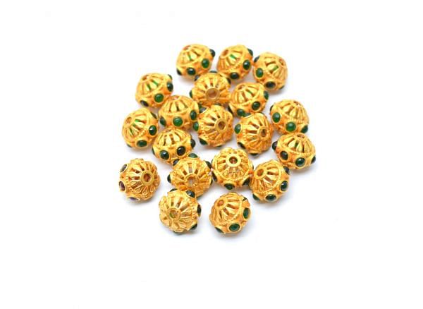 18K Solid Yellow Gold Handmade Roundel Shape 9X8 mm Bead With Stone Studded, SGTAN-0626, Sold By 1 Pcs.