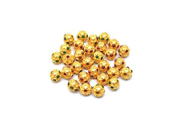 18K Solid Yellow Gold Roundel Shape 8X8 mm Handmade Bead With Stone Studded, SGTAN-0630, Sold By 1 Pcs.