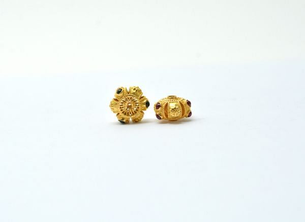 18K Solid Yellow Gold Roundel Shape 12X8 mm Bead With Stone Studded, SGTAN-0632, Sold By 1 Pcs.