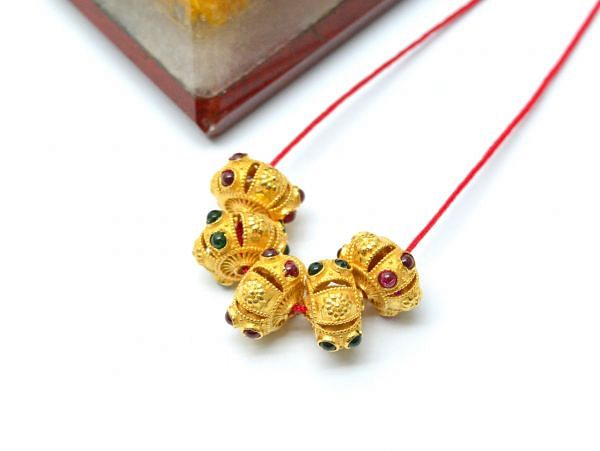 18K Solid Yellow Gold Roundel Shape 12X8 mm Bead With Stone Studded, SGTAN-0632, Sold By 1 Pcs.
