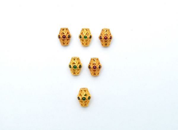 18K Solid Yellow Gold Handmade Drum Shape 11X9 mm Bead With Stone Studded, SGTAN-0633, Sold By 1 Pcs.