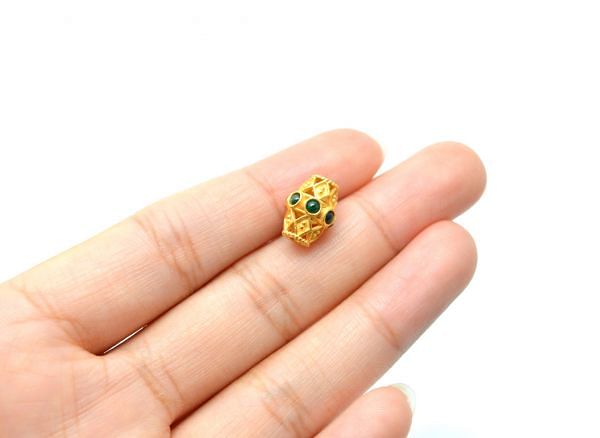18K Solid Yellow Gold Handmade Drum Shape 11X9 mm Bead With Stone Studded, SGTAN-0633, Sold By 1 Pcs.
