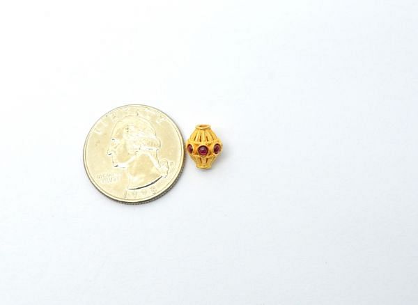 18K Solid Yellow Gold Handmade Drum Shape 10X8 mm Bead With Stone Studded, SGTAN-0634, Sold By 1 Pcs.
