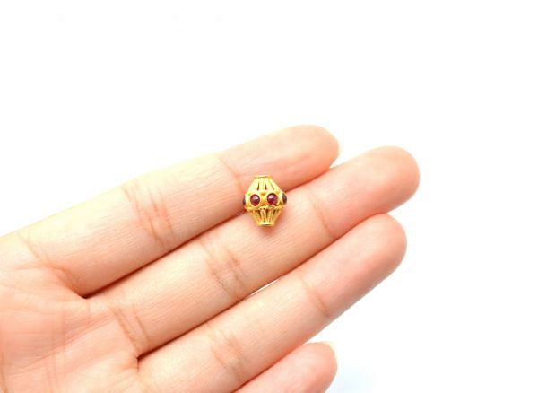 18K Solid Yellow Gold Handmade Drum Shape 10X8 mm Bead With Stone Studded, SGTAN-0634, Sold By 1 Pcs.