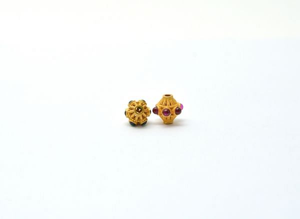 18K Solid Yellow Gold Handmade Drum Shape 9X8 mm Bead With Stone Studded, SGTAN-0635, Sold By 1 Pcs.