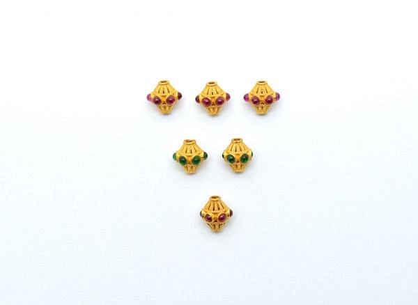 18K Solid Yellow Gold Handmade Drum Shape 9X8 mm Bead With Stone Studded, SGTAN-0635, Sold By 1 Pcs.