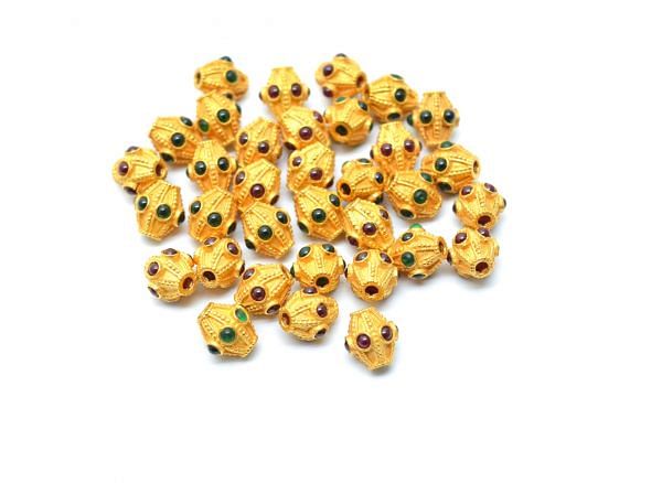 18K Solid Yellow Gold  Drum Shape 9X8mm Bead With Stone Studded, SGTAN-0636, Sold By 1 Pcs.