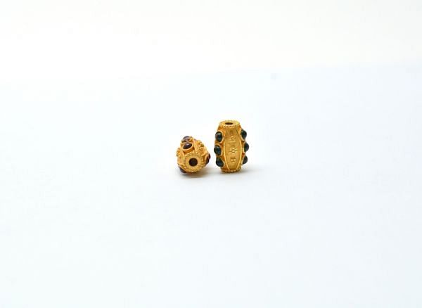 18K Solid Yellow Gold  Drum Shape 11X8 mm Bead With Stone Studded, SGTAN-0637, Sold By 1 Pcs.
