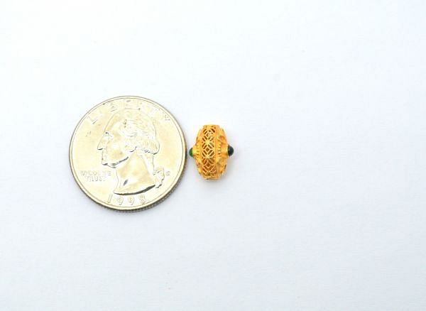 18K Solid Yellow Gold Handmade Drum Shape 11X8X6 mm Bead With Stone Studded, SGTAN-0638, Sold By 1 Pcs.