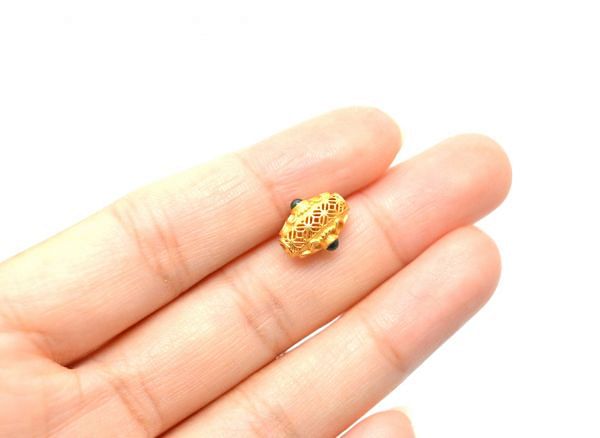18K Solid Yellow Gold Handmade Drum Shape 11X8X6 mm Bead With Stone Studded, SGTAN-0638, Sold By 1 Pcs.