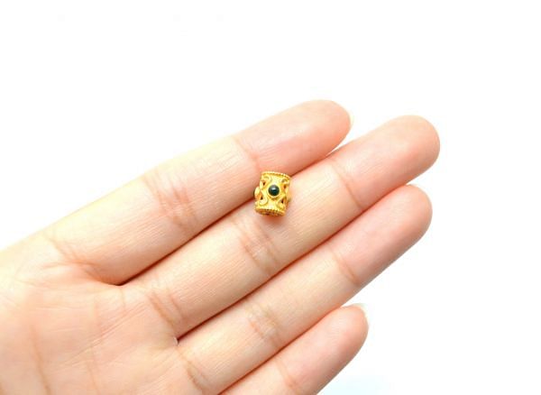 18K Solid Yellow Gold  Drum Shape 8X7mm Bead With Stone Studded, SGTAN-0639, Sold By 1 Pcs.