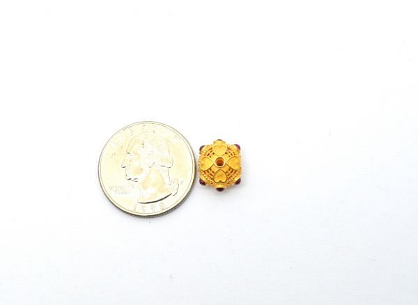 18K Solid Yellow Gold Roundel Shape 10X7mm Bead With Stone Studded, SGTAN-0643, Sold By 1 Pcs.