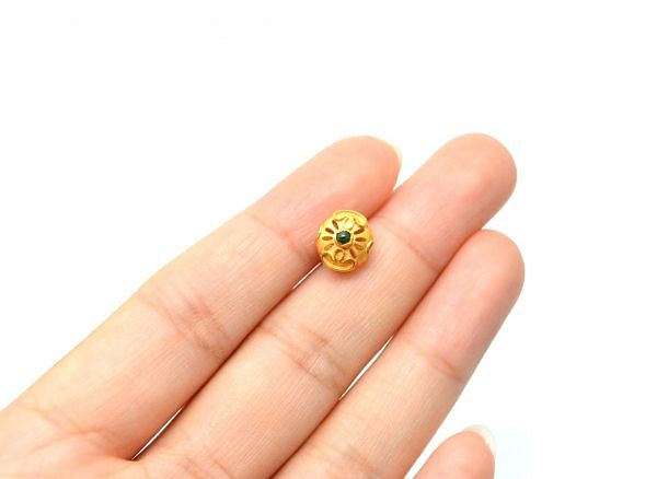 18K Solid Yellow Gold Handmade Roundel Shape 9X8x7 mm Bead With Stone Studded, SGTAN-0645, Sold By 1 Pcs.