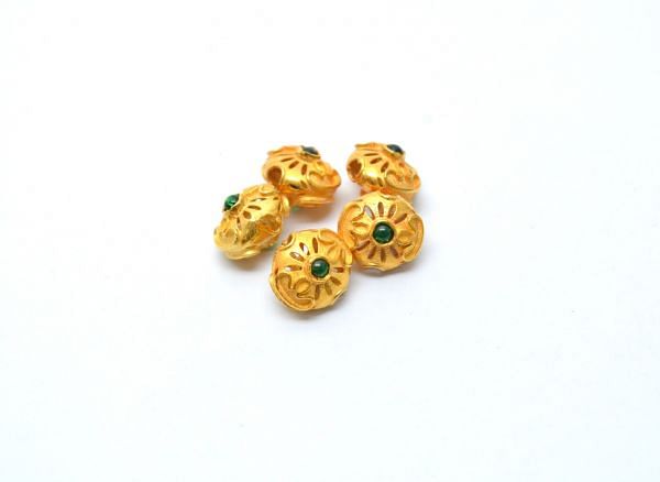18K Solid Yellow Gold Handmade Roundel Shape 9X8x7 mm Bead With Stone Studded, SGTAN-0645, Sold By 1 Pcs.