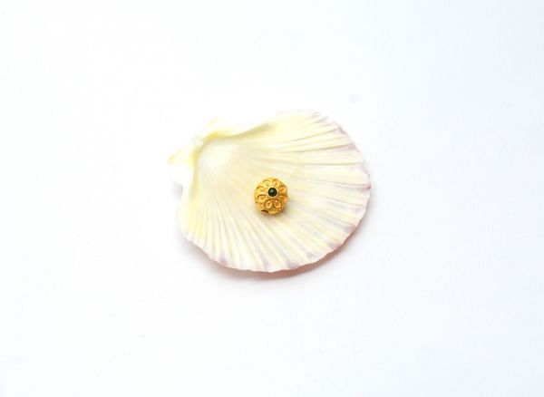 18K Solid Yellow Gold Handmade Roundel Shape 9X7 mm Bead With Stone Studded, SGTAN-0646, Sold By 1 Pcs.