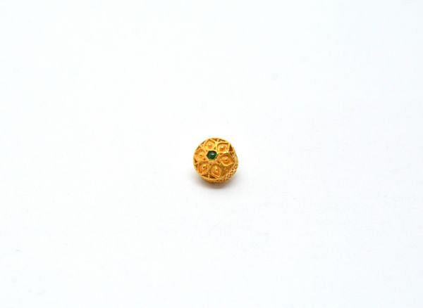 18K Solid Yellow Gold Handmade Roundel Shape 9x8 mm Bead With Stone Studded, SGTAN-0647, Sold By 1 Pcs.