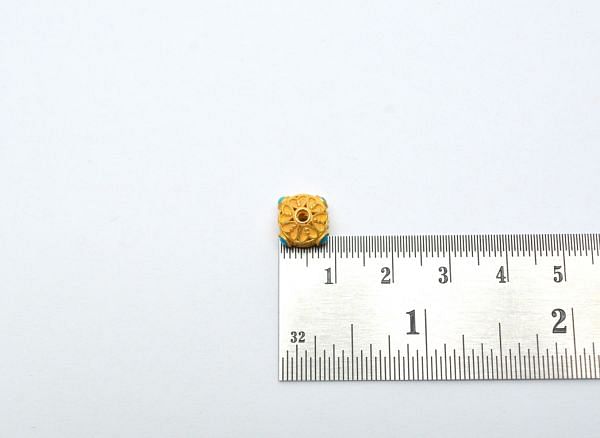 18K Solid Yellow Gold Handmade Roundel Shape 7x9mm Bead With Stone Studded, SGTAN-0649, Sold By 1 Pcs.