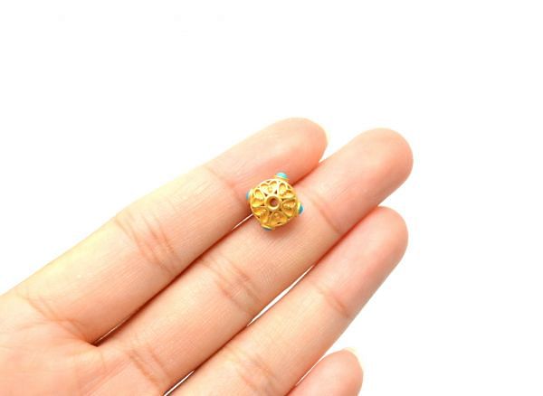18K Solid Yellow Gold Handmade Roundel Shape 7x9mm Bead With Stone Studded, SGTAN-0649, Sold By 1 Pcs.