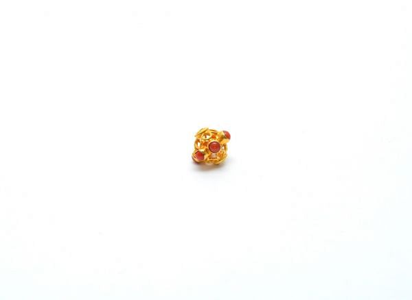 18K Solid Yellow Gold Roundel Shape 9X9 mm Bead With Stone Studded, SGTAN-0650, Sold By 1 Pcs.