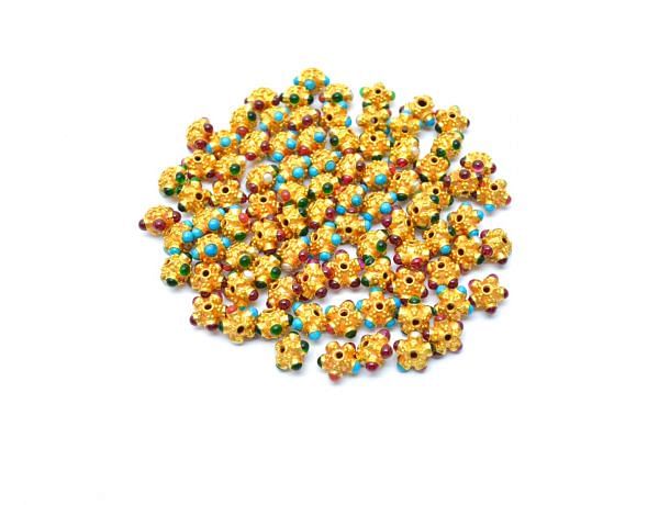 18K Solid Yellow Gold Roundel Shape 7X5mm Bead With Stone Studded, SGTAN-0652, Sold By 1 Pcs.