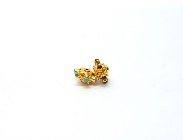 18K Solid Yellow Gold Handmade Roundel Shape 8X12 mm Bead With Stone Studded, SGTAN-0655, Sold By 1 Pcs.