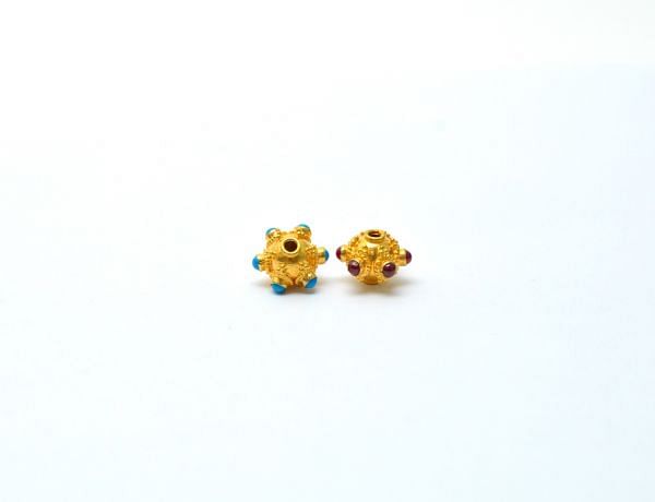18K Solid Yellow Gold Roundel Shape 8x10 mm Bead With Stone Studded, SGTAN-0656, Sold By 1 Pcs.